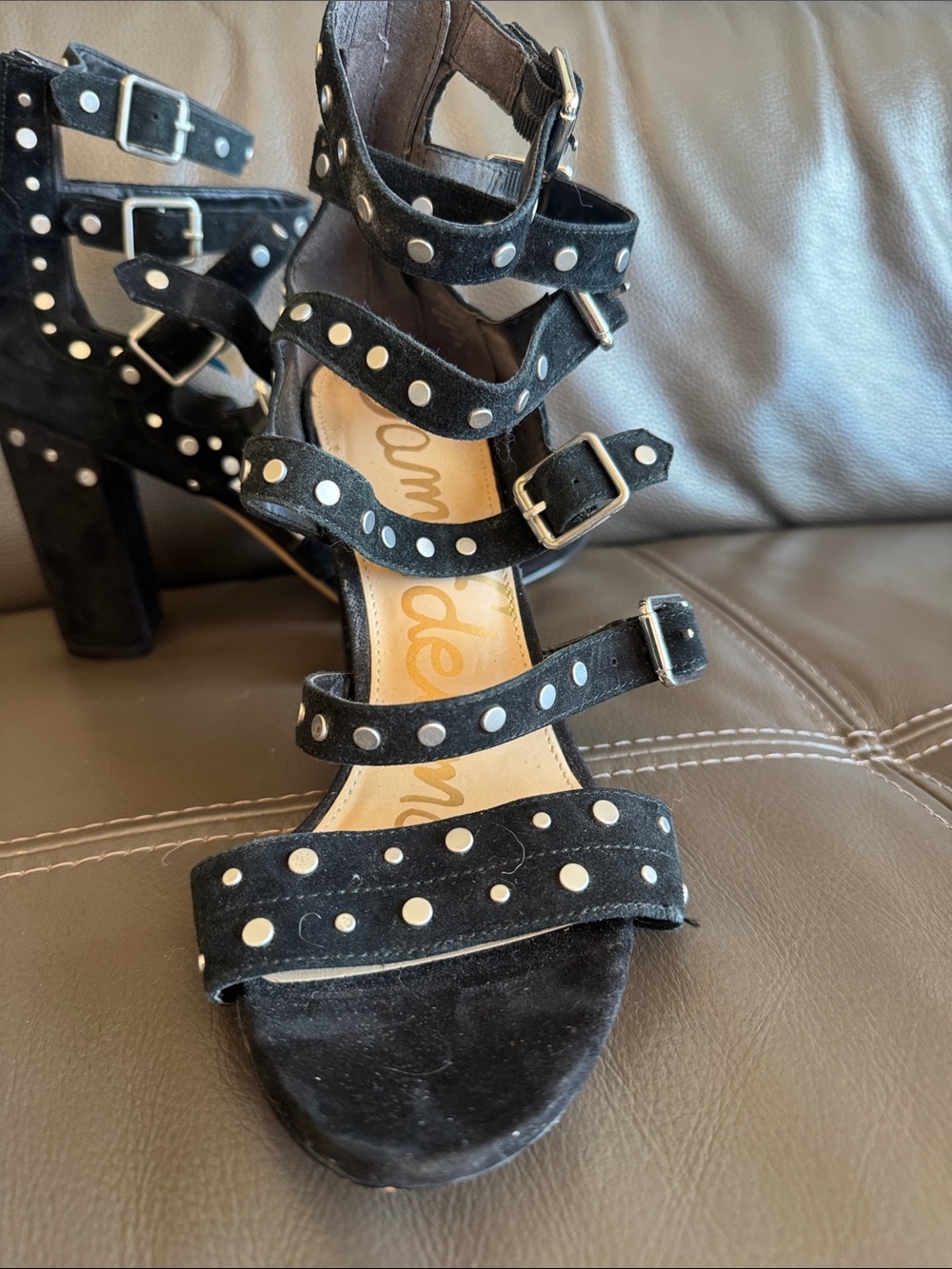 Sam Edelman Black Suede Studded Buckle Block Heels - Picture 2 of 16